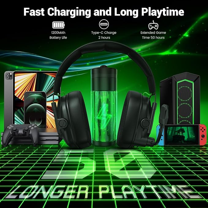 Krysenix 2.4 GHz Wireless Gaming Headset for PC, PS5, PS4, Switch, Mac, Bluetooth 5.4 Gaming Headphones with Noise Canceling Microphone, Cool RGB Lighting, 50Hr Battery, Foldable, 50mm Drivers-Black