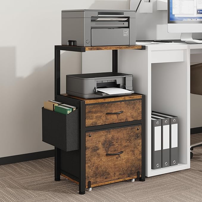HIGDBFE Filing Cabinet with 2-Tier Printer Shelves, 2 Fabric Drawers File Cabinet with Side Bag&File Drawer for A4/Letter Size, Printer Stand with Storage for Home Office, Rustic Brown, 16.5" W