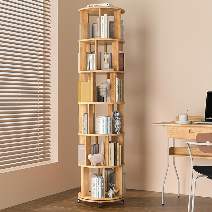 IUNVR Rotating Bookshelf, 6 Tier Solid Wood Bookshelf Tower with Lockable Wheels, 360° Spinning Revolving Bookcase for Small Spaces, Corners, Bedroom, Kids Room, Home Office, Natural