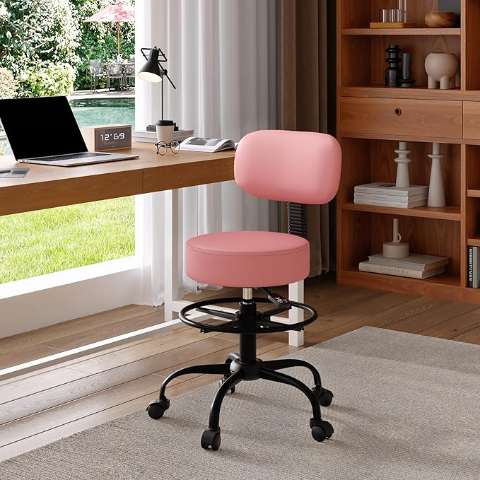 Drafting Chair with Back, Adjustable Foot Rest Rolling Stool (2, Pink)