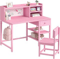 BOLUO Pink Kids Desk and Chair Set for 6-12 Year Old, Children Study Desk with Hutch and Storage Shelf, Student Writing Table with Fabric Drawer for Girls Boys