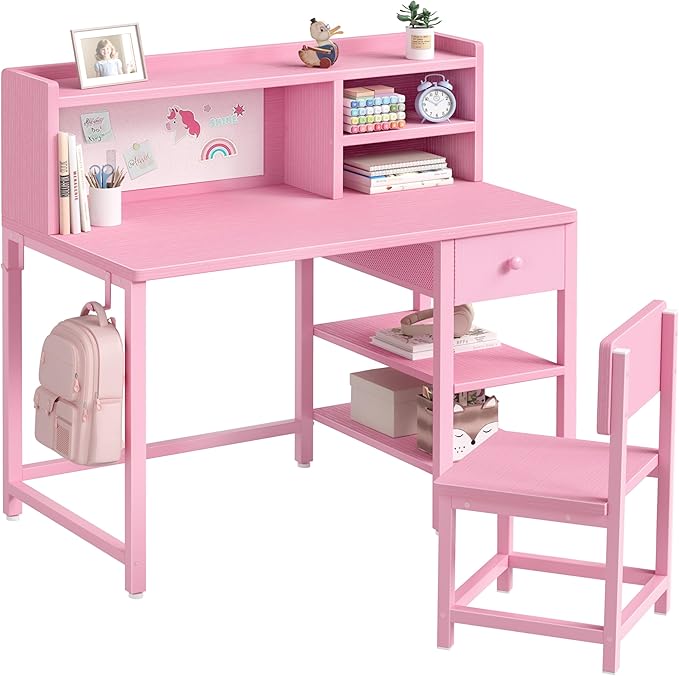 BOLUO Pink Kids Desk and Chair Set for 6-12 Year Old, Children Study Desk with Hutch and Storage Shelf, Student Writing Table with Fabric Drawer for Girls Boys