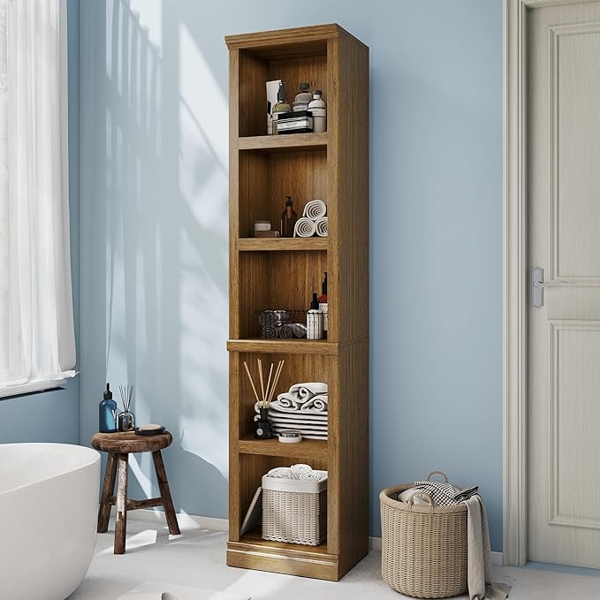 Bevfint 70" Tall Bookcase, Oak Narrow Floor Standing Bookshelf, 5 Tier Shelves Open Storage Organizer, Book Case for Living Room Hallway Kitchen Home Office Bathroom, Vintage Oak- 5 Tier