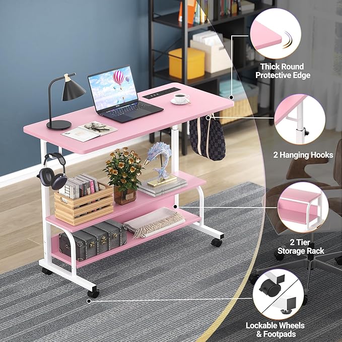 Armocity Rolling Standing Desk with Power Outlets, 32" Manual Height Adjustable Mobile Computer Desk with Wheels, Small Portable Sit Stand Laptop Couch Table for Bed & Sofa Home Office, Pink