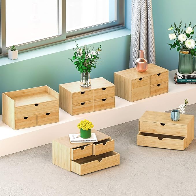 Wisuce Bamboo Desk Drawer Organizer, Desktop Organizer with Drawers Tabletop Storage Organization Box for Office Home Toiletries Supplies Vanity, No Assembly Required(1 with shelf-3 Drawers)