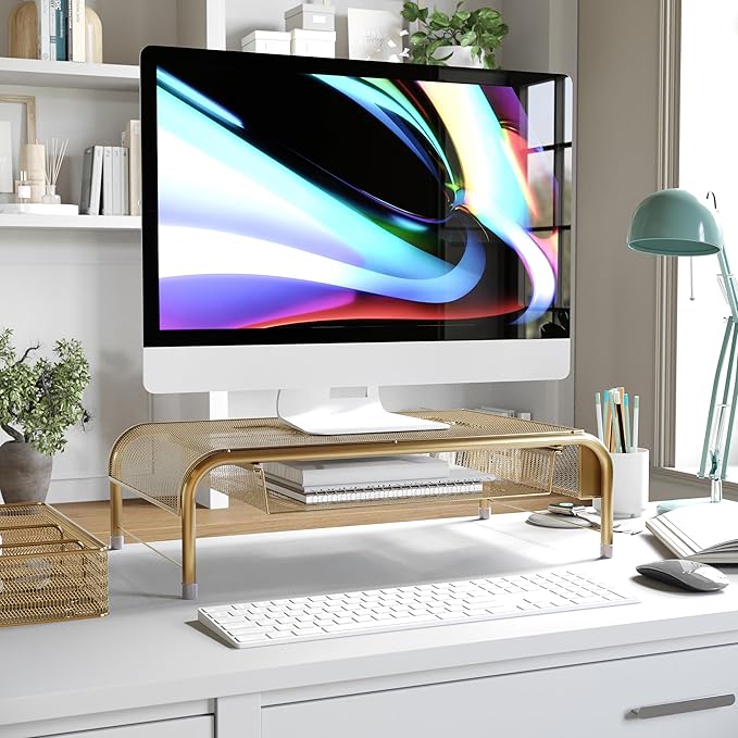 Martha Stewart Ryder Gold Mesh Metal Desktop Monitor Stand Riser with Organizer Drawer and Side Storage