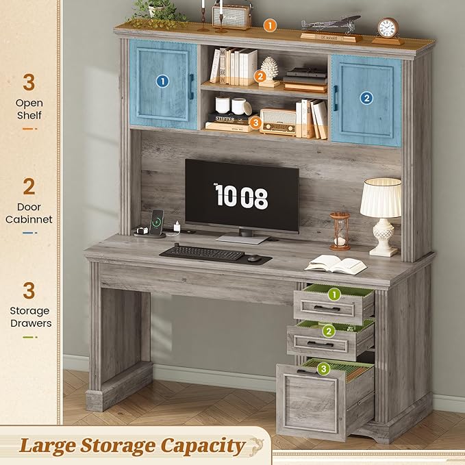 SEDETA Office Desk with 3 Drawers, 47.2" Executive Computer Desk with Storage Drawers and Hutch Cabinet, Wood Farmhouse Desk with Power Outlet for Home Office, Grey