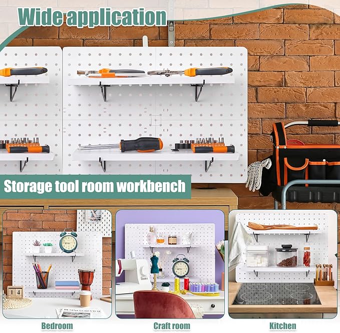 Qunclay 8 Pack Pegboard Shelf Set Wooden Shelves with Metal Brackets Hook Wall Pegboard Shelving Heavy Duty Accessories for Crafts Home Office Garage Workbench(White)