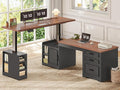 SEDETA Farmhouse L Shaped Electric Standing Desk, 63" x 67" Height Adjustable Home Office Executive Desk with Drawers and Shelves, Standing Computer Desks with Power Outlet for Home Office, Black