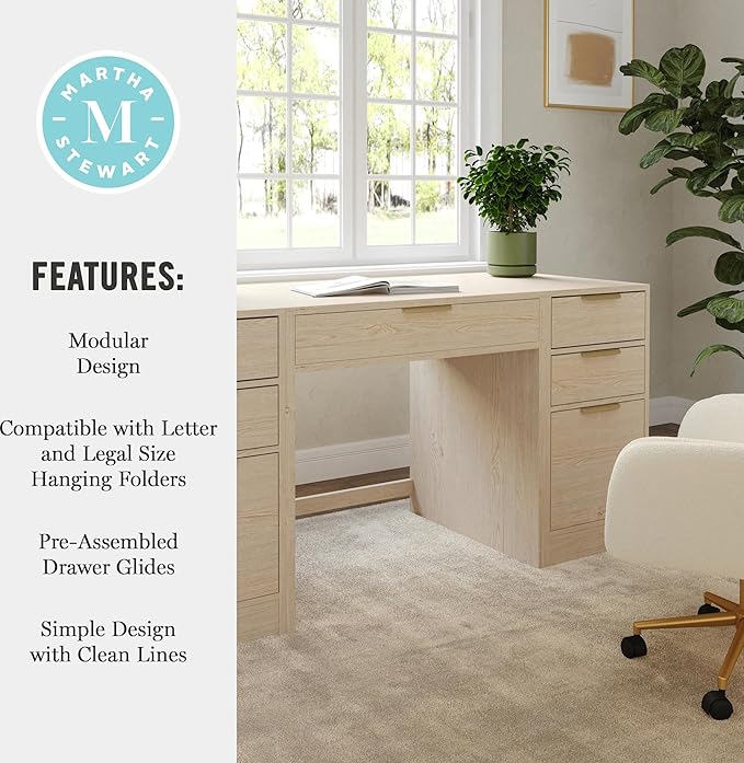 Martha Stewart Kayden Home Office Modular Desk with Drawer and Dual 3 Drawer File Cabinets in Light Natural with Brushed Gold Hardware