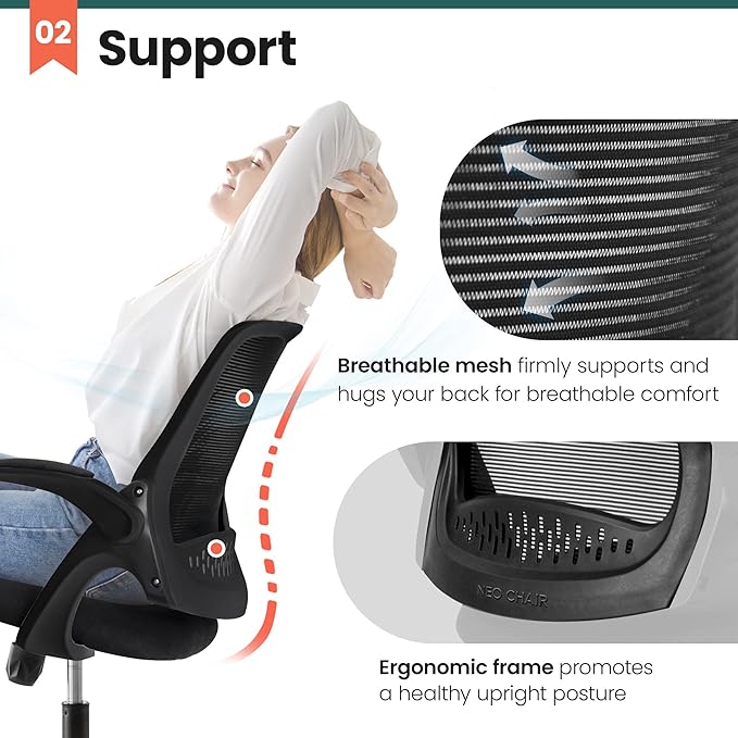 NEO Chair Office Desk Chair Computer Gaming Ergonomic Lumbar Back Support with Flip-up Padded Armrest Adjustable Height and Wheels for Home Vanity Bedroom Study (All Black)