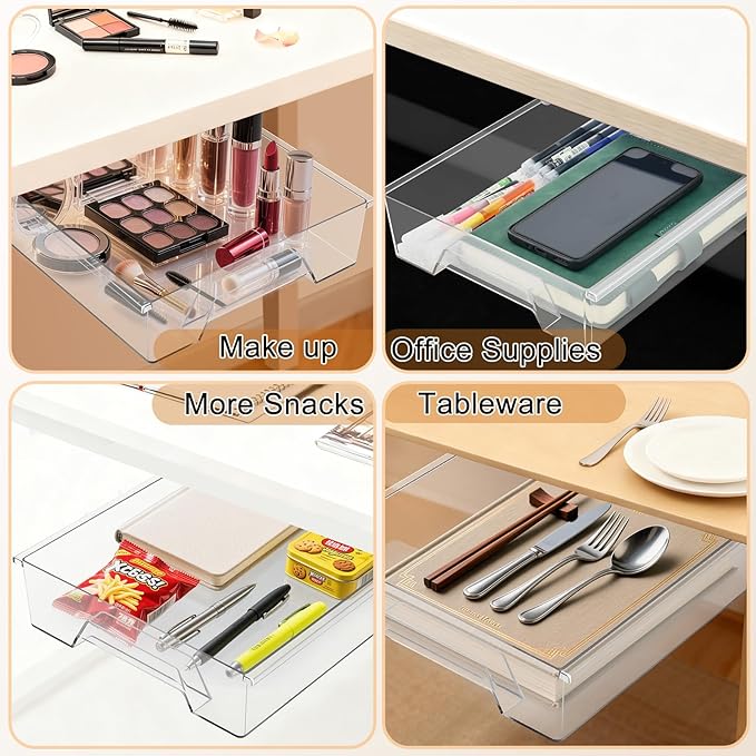 2 Pair Super Capacity 11.85 "x 8.9" Under Desk Drawer Hidden Strorage Drawer Self-Adhesive Slide Out with Smooth Gliding Motion - Attachable & Space-Saving Under Desk Organizer with Screw Kit, Clear