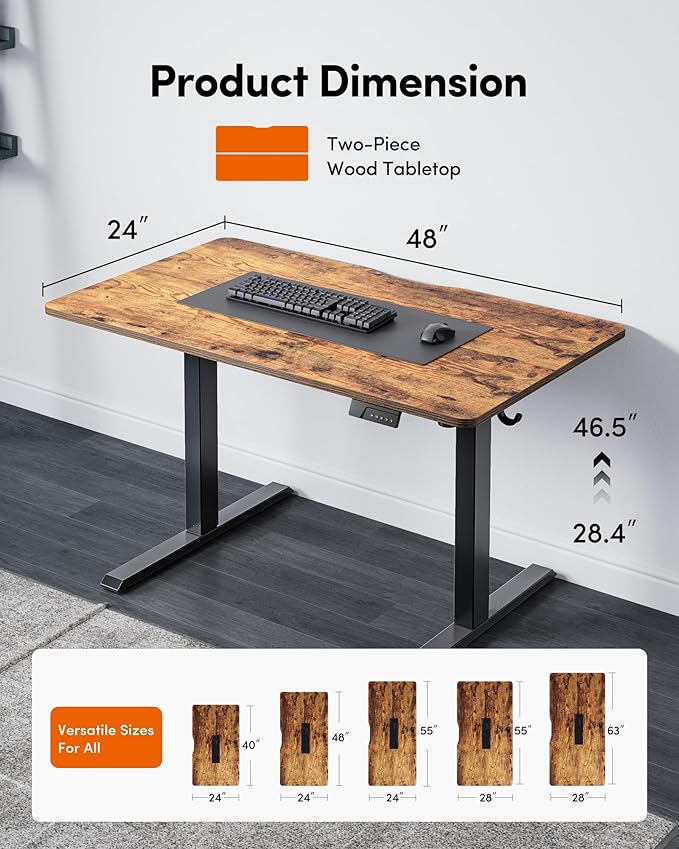 Cubiker Standing Desk, 48x24 Inches Sit Stand Home Office Desk, Electric Stand up Desk, Adjustable Desk with Splice Board, Black Frame/Rustic Brown Top