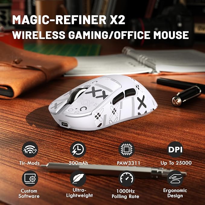 ZIYOU LANG×Magic-Refiner X2 Lightweight Wireless Gaming Mouse,Tri-Mode(2.4G/Wired/BT),25KDPI,PAW3311 Optical Sensor,1000Hz Polling Rate,500mAh,69g Ergonomic Mice for Medium-Large Hands-White&Sticker