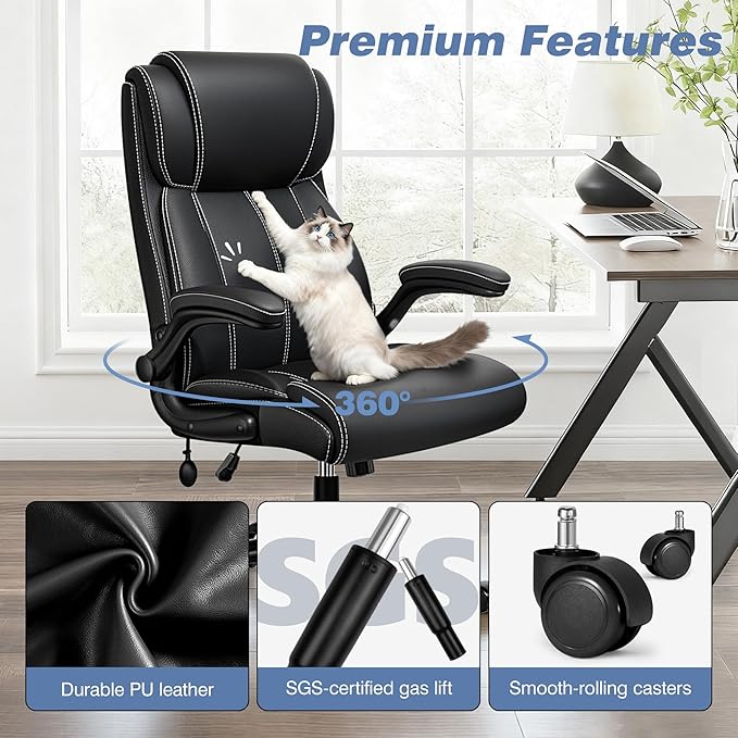 BESTFAIR Ergonomic Office Chair - Desk Computer Chair, Leather High Back Executive Chairs with Adjustable Lumbar Support & Flip Up Arms, Black 4 Pack