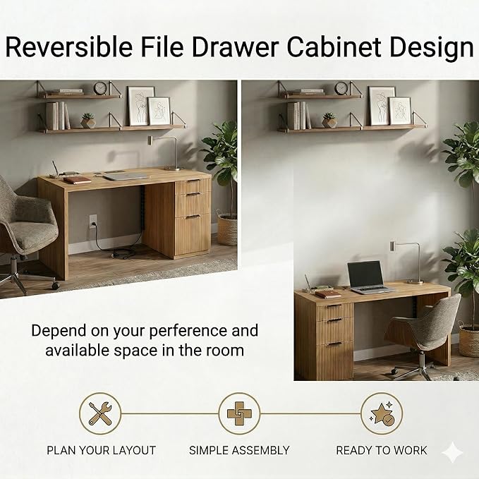 FURSUN 58" Home Office Desk with Power Outlet & File Cabinet, Modern Fluted Executive Desk with 3 Storage Drawers, Large Computer Workstation for Study & Bedroom, Oak