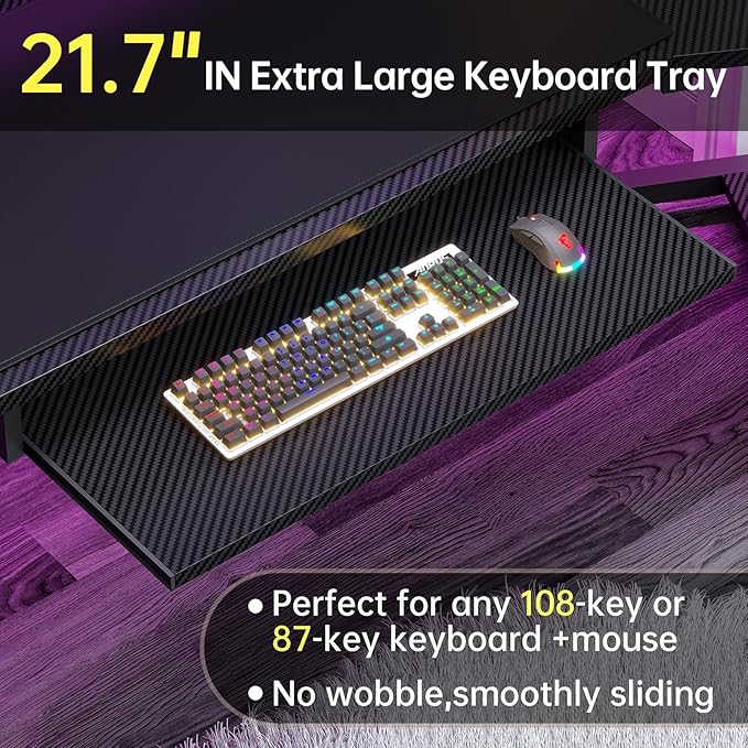 SEDETA 79" Gaming Desk, Computer Desk with 2 Fabric Drawers & LED Light, L Shaped Gaming Desk with Storage Shelf for Home Office, Carbon Fiber Black