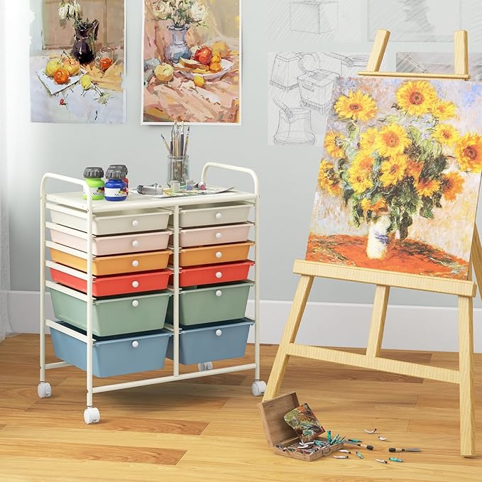 Moccha 12-Drawer Rolling Storage Cart - Utility Cart on Wheels with Lockable Casters for Craft Art Supply Paper Salon, Mobile Drawer Carts for Classroom Teacher School Office, Macaron