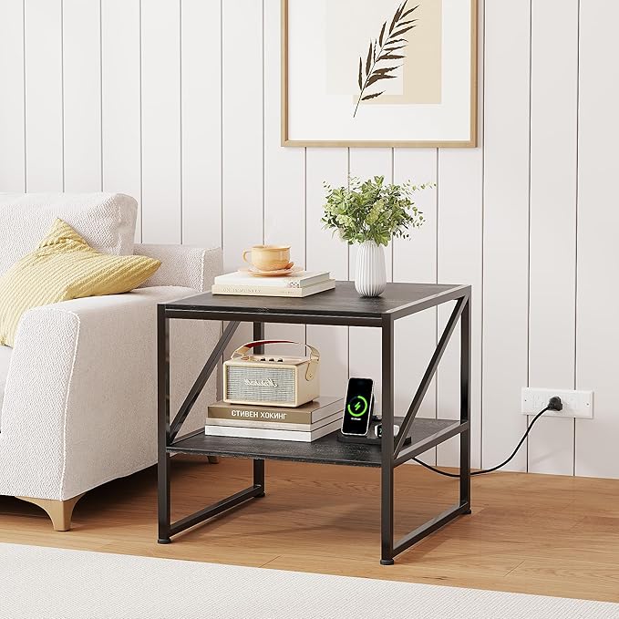 2-Tier Large Priner Stand with Charging Station, 20"×20" Under Desk Printer Table with Power Outlets and USB Ports for Home Office, Heavy Duty Storage Rack for Scanner Fax Machine Heat Press, Grey Oak