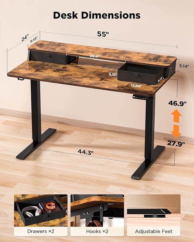 FiCiHi 55x24 Inch Standing Desk with Drawers, C-Clamp Mount Compatible, Electric Adjustable Height Computer Stand Up Desks, Home Office Sit Stand Table with 3 Preset Heights, Rustic Brown