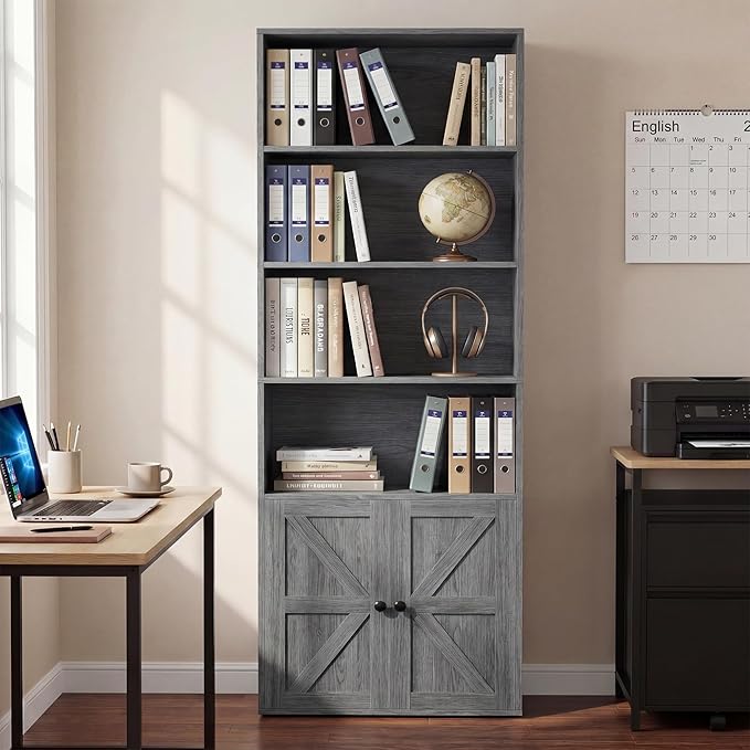 YESHOMY Farmhouse Bookshelf and Bookcase with Doors, Industrial Bookshelves and Bookcases Floor Standing Display 6-Tier Shelf Storage Shelves 71.5 inchs for Home Office, Living Room, Gray, 1 PCS
