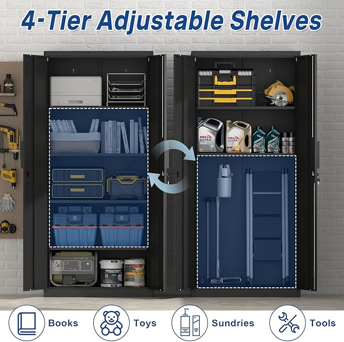71" H Metal Garage Storage Cabinets with Lock, Black Metal Storage Cabinet with Doors and Shelves, Tall Locking Cabinets for Garage, Kitchen, Office