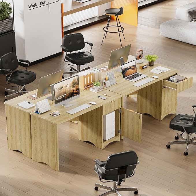 Bestier 47 inch Fluted Computer Desk with Drawer, Office Desk with File Cabinet, Modern Wood Desk with Storage Cabinet for Home Office Bedroom Study, Natual Oak
