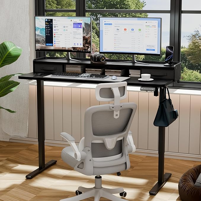 YESHOMY 55" x 23" Electric Standing Desk with 2 Drawers, Height Adjustable Computer Desk, Low Noise Home Office Stand Up Desk with 2 Preset Heights & 2 Hooks, Black