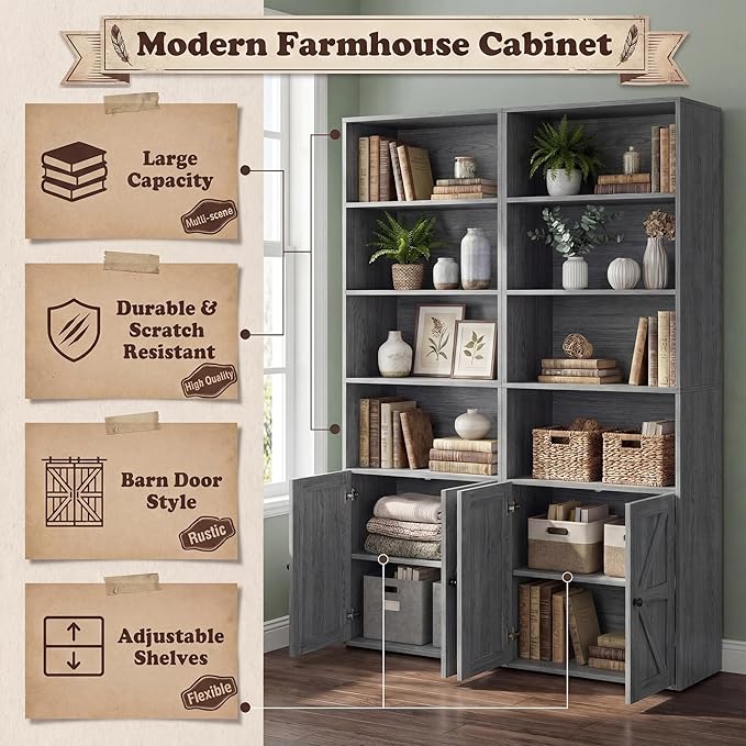 YESHOMY Farmhouse Bookshelf and Bookcase with Doors, Industrial Bookshelves and Bookcases Floor Standing Display 6-Tier Shelf Storage Shelves 71.5 inchs for Home Office, Living Room, Gray, 2 PCS