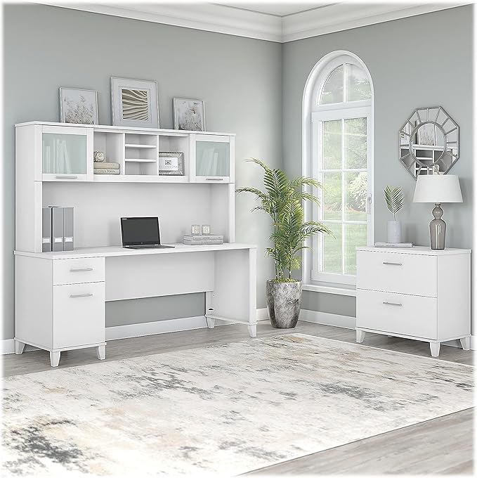 Bush Furniture Somerset 72W Office Desk with Hutch and Lateral File Cabinet in White