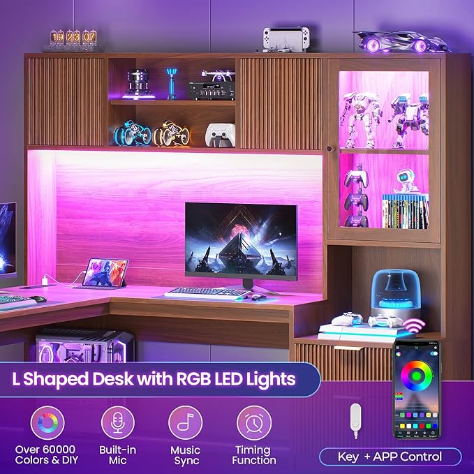 SEDETA 67" x 65" L Shaped Desk with Hutch, RGB LED Corner Computer Desk with Power Outlets, Fluted Home Office Desk with File Drawer, Storage & Glass Display Cabinets for Gaming & Working, Brown