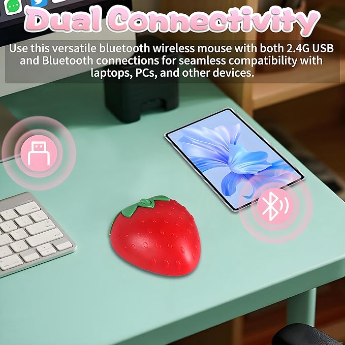 Cute Strawberry Wireless Mouse - 2.4G & Bluetooth Dual-Mode, Ergonomic Design for Laptop/PC - Perfect for Students & Gamers, Comfortable Grip & Plug-and-Play (Red)