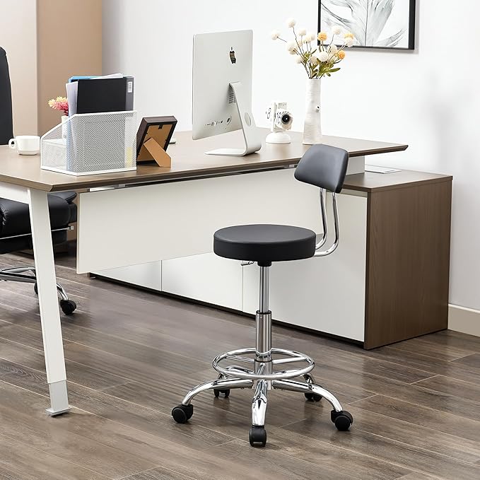 FIRAVOE Office Chair with Back (Adjustable Height Posture Stool 19.5"-26.6")(Drafting Chair on Wheels) Work Stool with Footrest (Black)