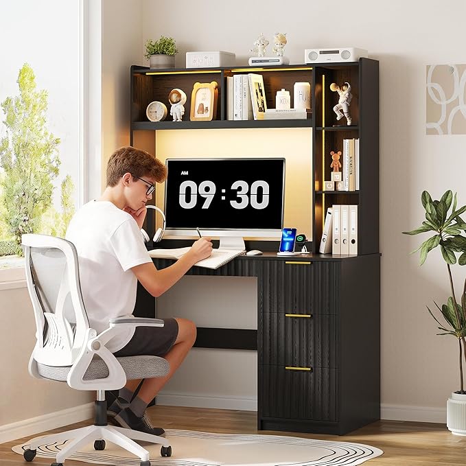 Lvifur Home Office Desk - with Hutch & Storage Cabinet,LED Study Desk with Outlet and 3 Color LED and Card-Based Lock,Writing Desk Computer Desks for Studyroom,Ideal for Office Set,Black