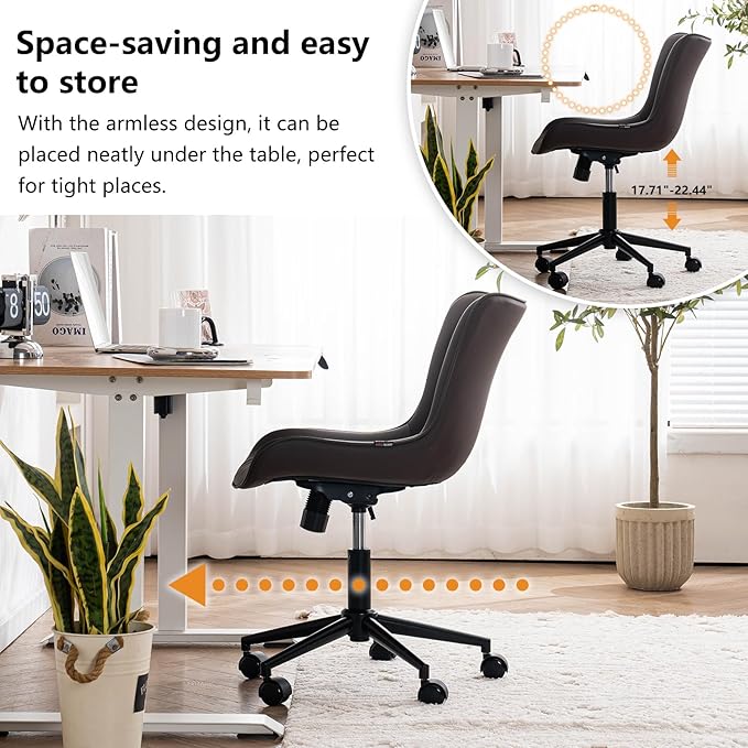 YOUNIKE Brown Ergonomic Home Office Desk Chair with Wheels Comfy Armless Vanity Chair with Back Modern Leather Upholstered Rolling Task Chair Small Cute Computer Drafting Chair Wide Swivel Adjustable