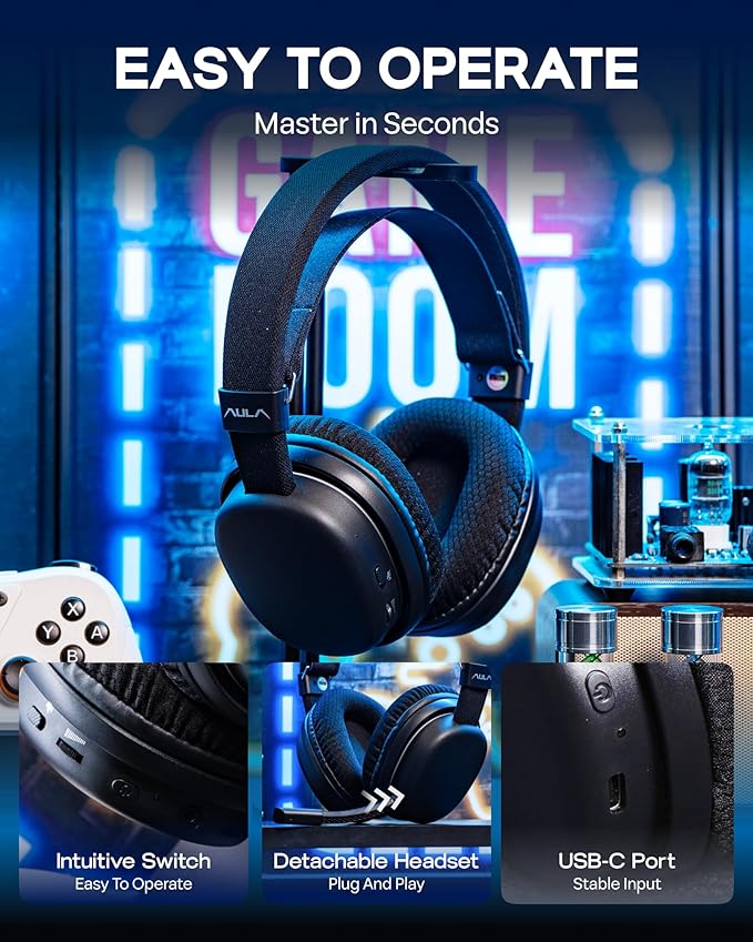 MechLands Aula G7 Wireless Gaming Headset for PS4/PS5/PC/Switch, Over-Ear Headphones with Detachable Noise Canceling Mic, RGB, Surround Sound, 60H Battery, 2.4GHz/BT/Wired (Black)