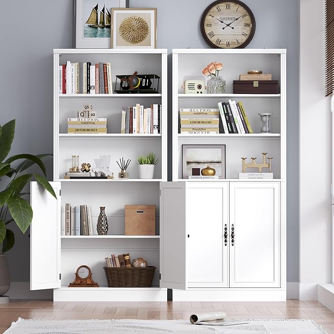 BORNOON 70.1" Tall Bookshelf with Cabinet, 5-Tier Floor Standing Bookcase with Doors & Adjustable Shelves, 31.5" Wide Storage Shelf, Metal Handles, Modern Organizer for Home Office, Living Room