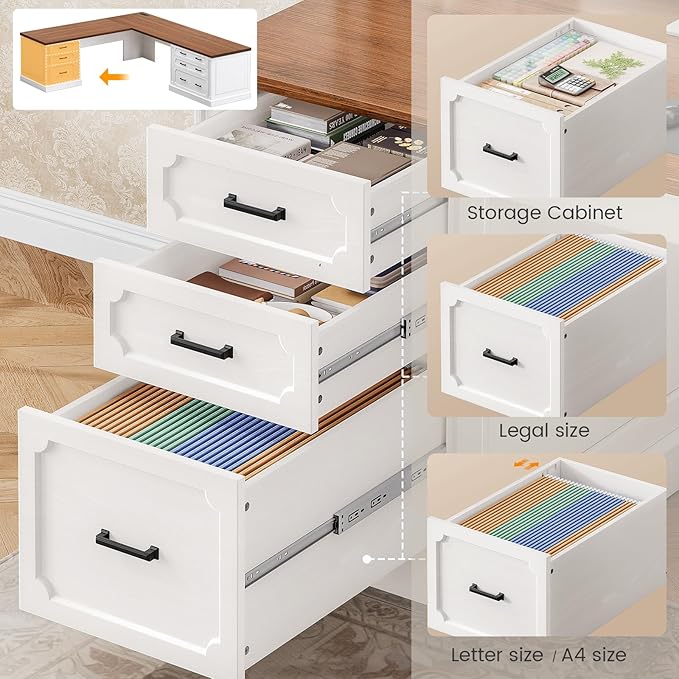 SEDETA Farmhouse 78.7" Executive L Shaped Desk with 6 Drawers, Home Office Desk with Power Outlet, File Cabinet Storage, Wood Corner Computer Desk for Work and Study, White
