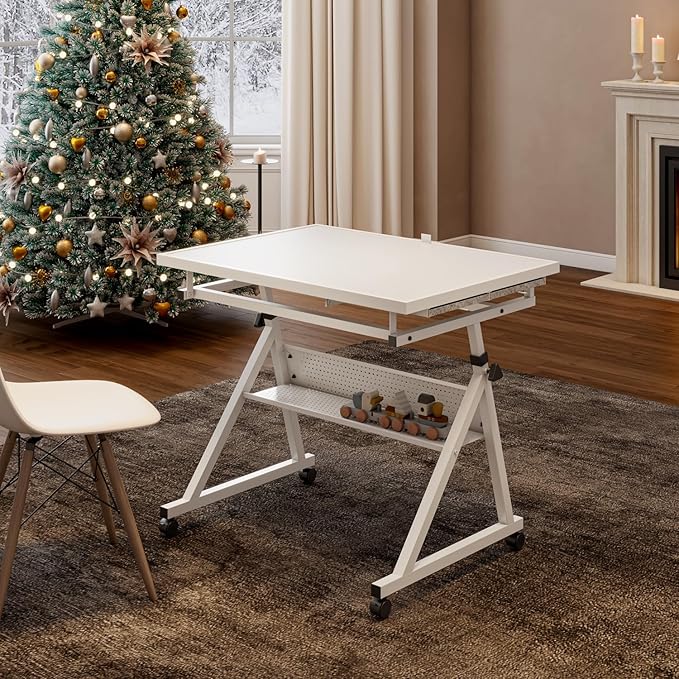 Drafting Table Art Table on Wheels with Storage & 4 Side Trays - Adjustable Drawing Table Tilted Tabletop, Crafting Desk with Storage for Artist Painters Home Office (White C)