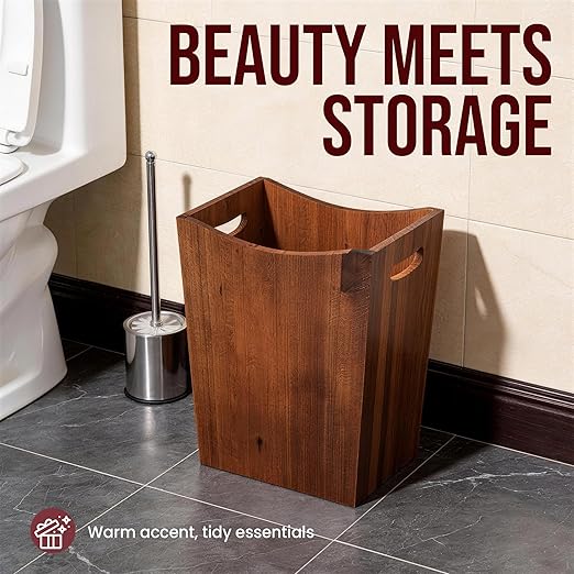 Wood Waste Basket, 2 Gallon Rectangular Trash Can with Handles, Water-Resistant Lacquer Finish, Compact for Bathroom Bedroom Office