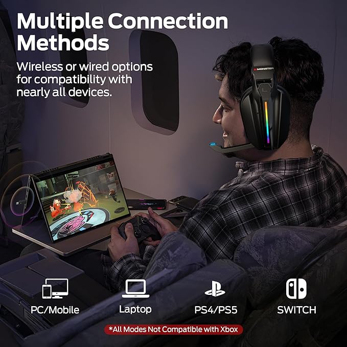 Monster Mission ANC200 Gaming Headset, 2.4GHz/Bluetooth Gaming Headphones with Active Noise Cancellation, 7.1 Virtual Surround Sound, Stealth Retractable Mic, 70H Battery, for PS5, PS4, PC, Switch