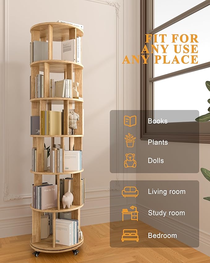 IUNVR Rotating Bookshelf, 6 Tier Solid Wood Bookshelf Tower with Lockable Wheels, 360° Spinning Revolving Bookcase for Small Spaces, Corners, Bedroom, Kids Room, Home Office, Natural