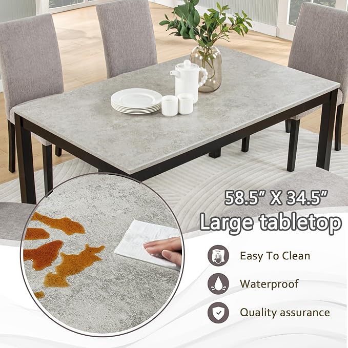 6-Piece Dining Table Set with Bench Solid Wood Kitchen Table with Concrete-Effect Tabletop and 4 Upholstered Chairs Comfortable Seating for Kitchen Restaurant Grey and Black