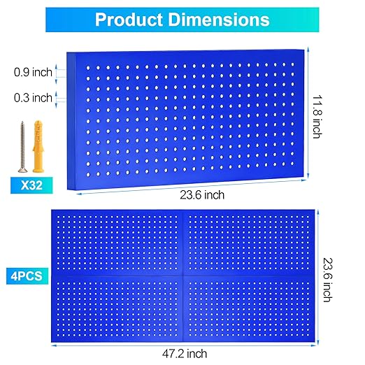 Metal Pegboard Panels 4 Pack, 24" x 12" Heavy Duty Rust-Proof Wall Organizer, Sturdy Steel Storage Board for Garage, Workshop & Craft Room, Blue