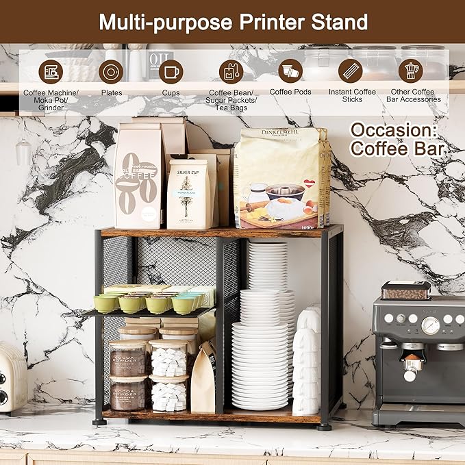 Under Desk Printer Stand - 3 Tier Rolling Printer Cart with Adjustable Shelves & Lockable Wheels, Heavy-Duty Standing Desk Storage Rack for Home, Office, Rustic Brown