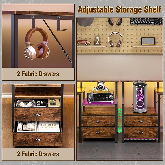 66'' L Shaped Desk with Power Outlets and USB-C Port, Reversible Office Desk with drawers and Storage Shelves, Computer desk with Led Lights and Host stand for Home Office, Gaming, Work, Rustic Brown