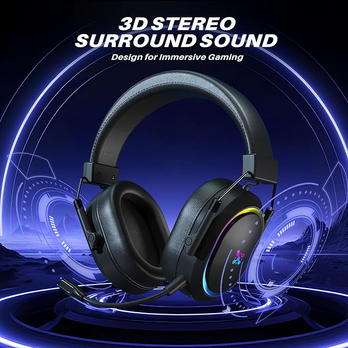 Wireless Gaming Headset for PS5 PS4, Bluetooth 2.4GHz Headphones with Noise Cancelling Mic, 23ms Low Latency Audio, 50+ Hrs & Surround Sound Memory Foam for Switch, Laptop, Mobile, Mac (rgb black)