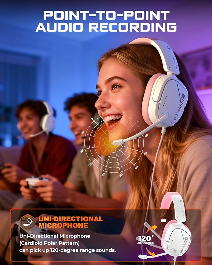 NUBWO HG04L Gaming Headset for PS5/PS4, Xbox Series X|S/Xbox One, Switch – 250g Lightweight, Clear Unidirectional Mic, Soft Memory Earmuffs, 3.5mm Jack for Gaming & Work - Pink