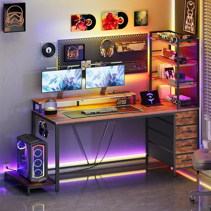RALGEND 43.3 Inch Computer Desk with 4 Fabric Drawers, Gaming Desk with Storage, Shelves & Power Outlet, Industrial Gaming Desk with Hutch, LED Lights and Monitor Stand, for Home Office, Rustic Brown
