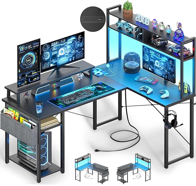 Besiost Small L Shaped Desk Gaming Desk with Power Outlets, 48" Reversible L Shaped Computer Desk with Monitor Stand & Storage Shelf, Corner Gamer Desk Home Office Desk with Storage Bag, Black
